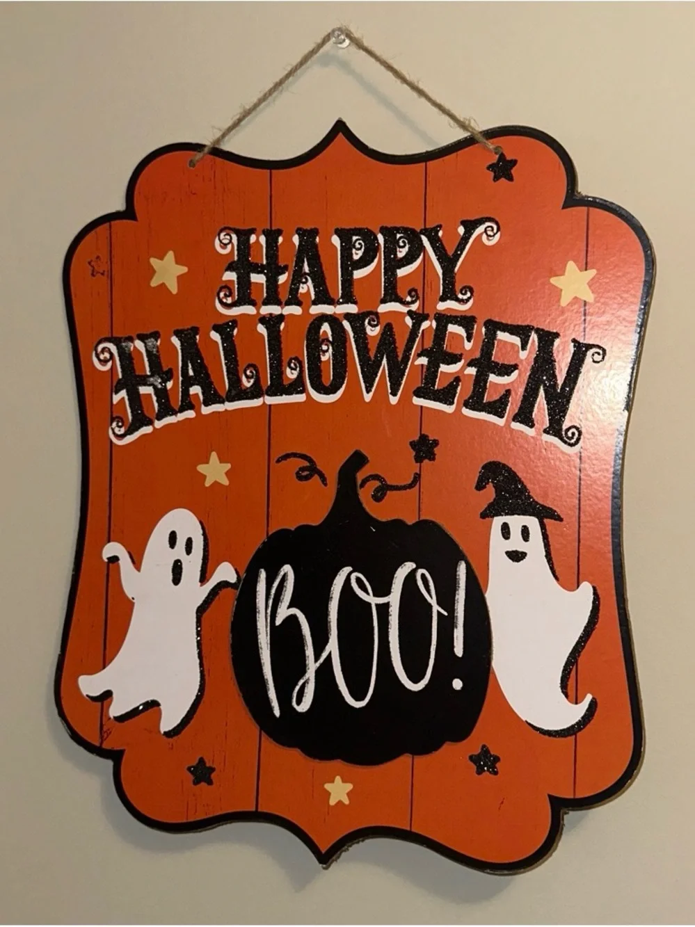 Happy Halloween Orange Hanging Sign with White Ghosts
